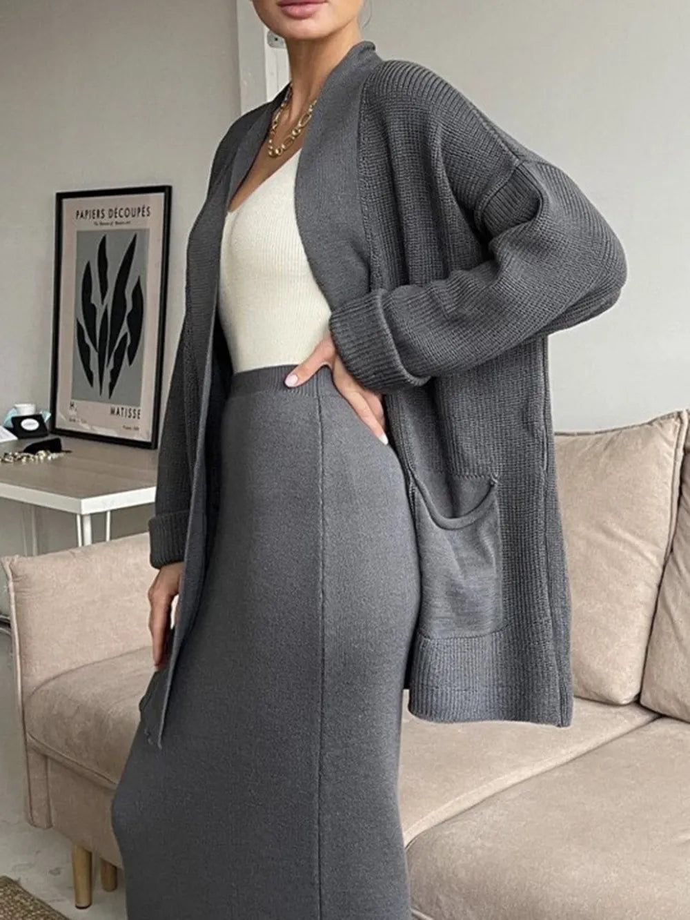 Pocketed Long Sleeve Cardigan and Skirt Sweater Set - Fashorio