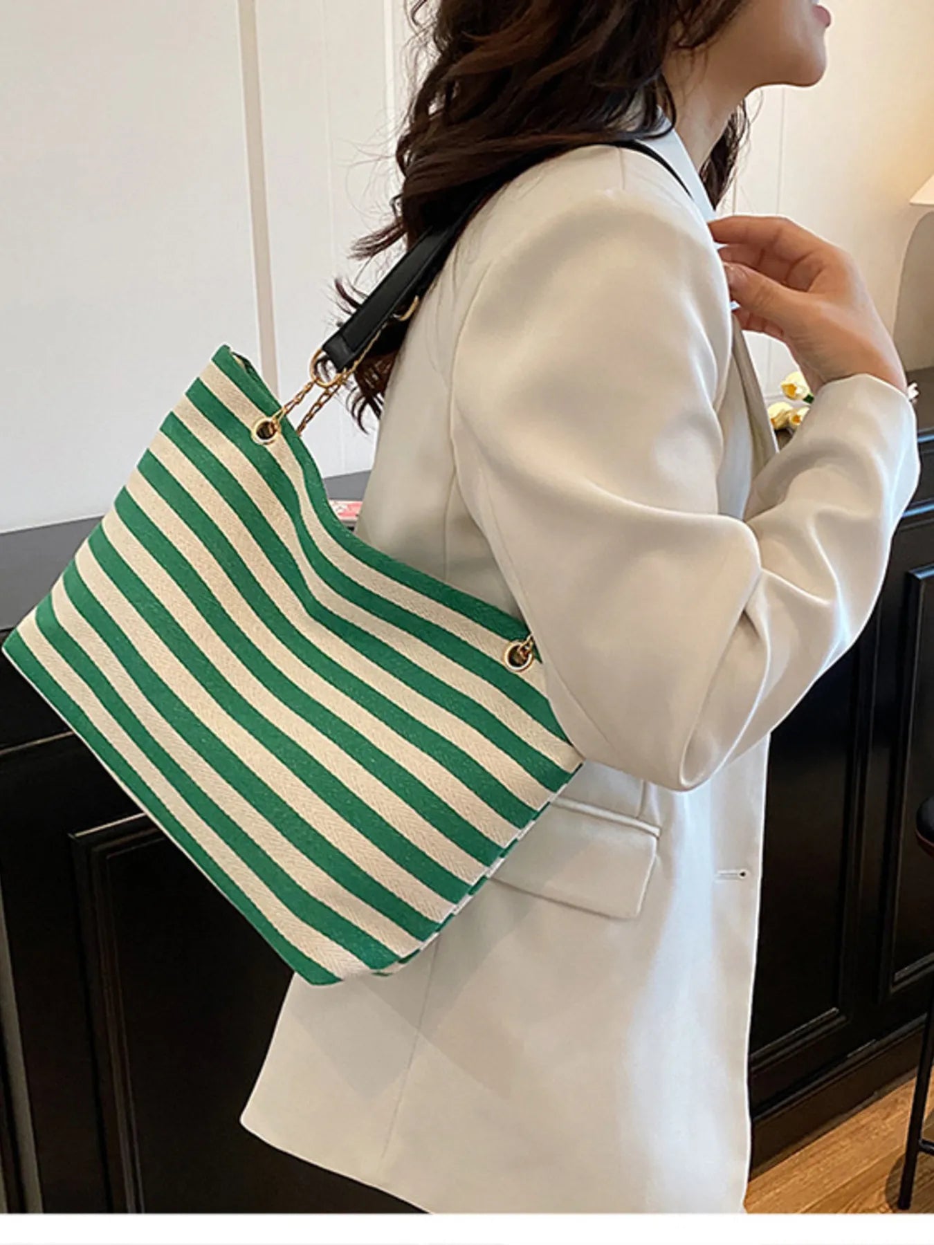 Striped Shoulder Bag with Chain Detail Green One Size - Fashorio
