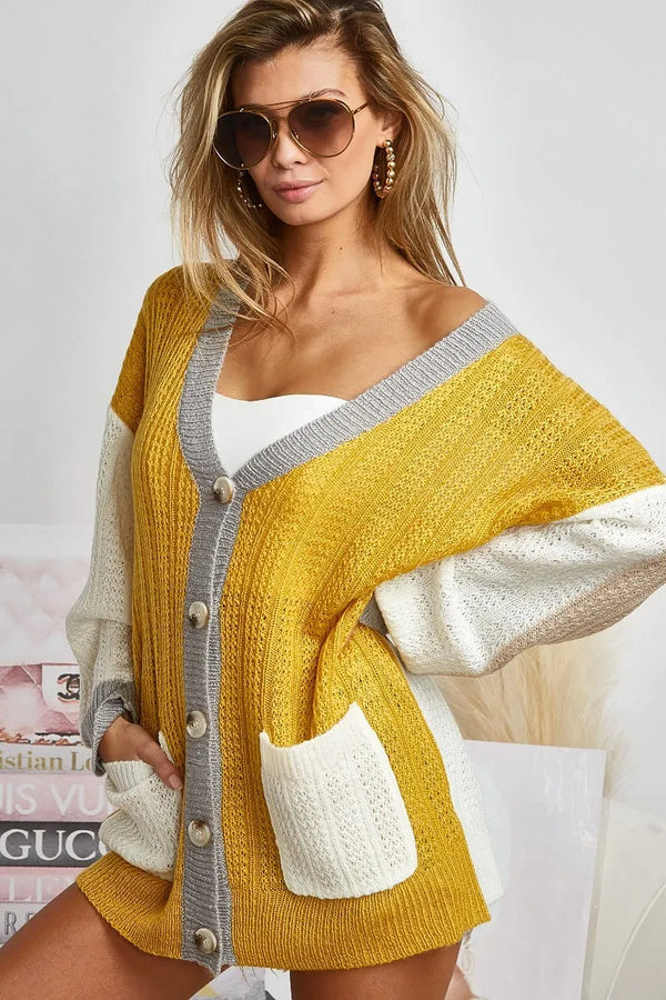 BiBi Color Block Sweater Cardigan with Button Closure MUSTARD IVORY - Fashorio