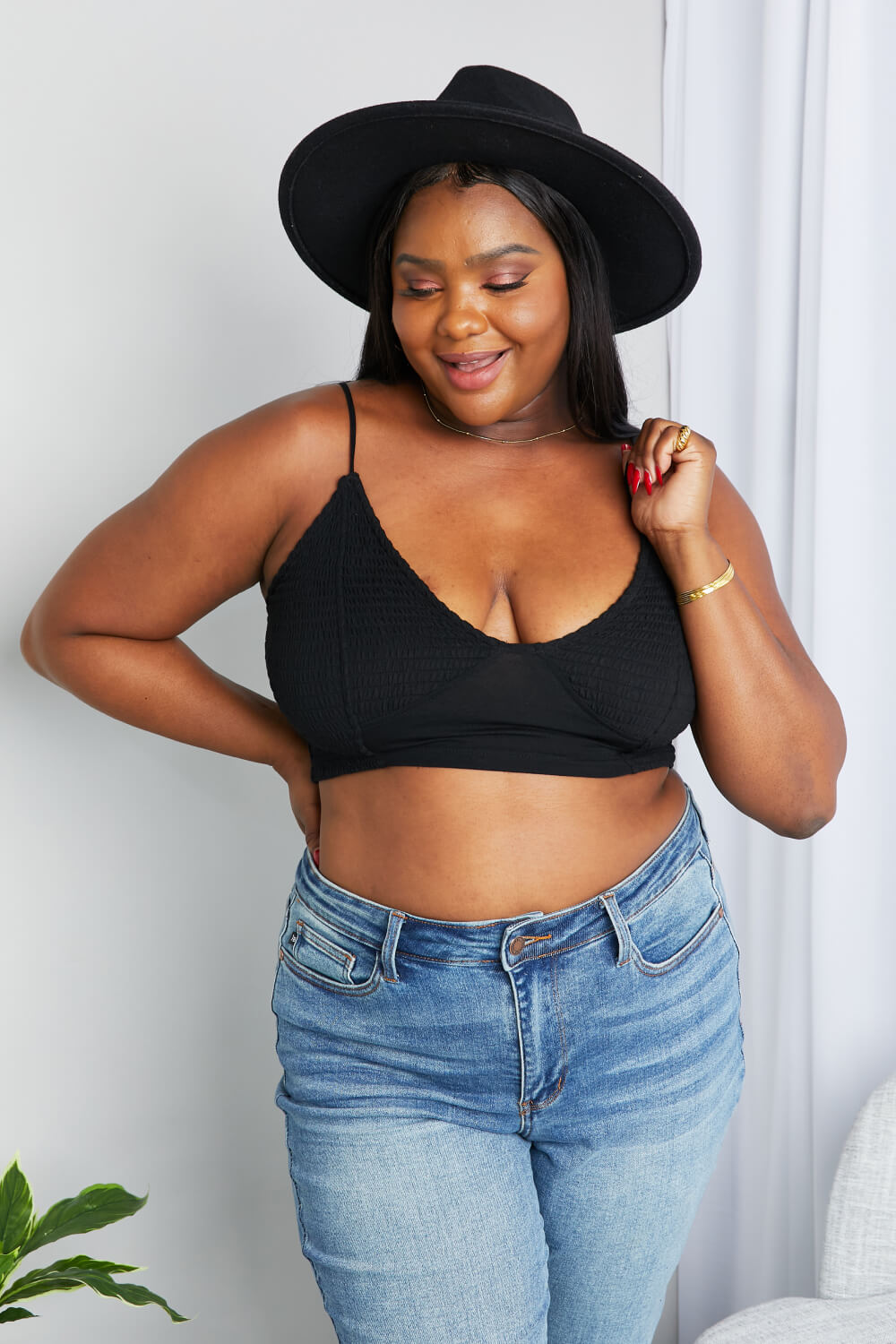 Zenana Full Size Textured Spaghetti Strap Bralette in Black - Fashorio
