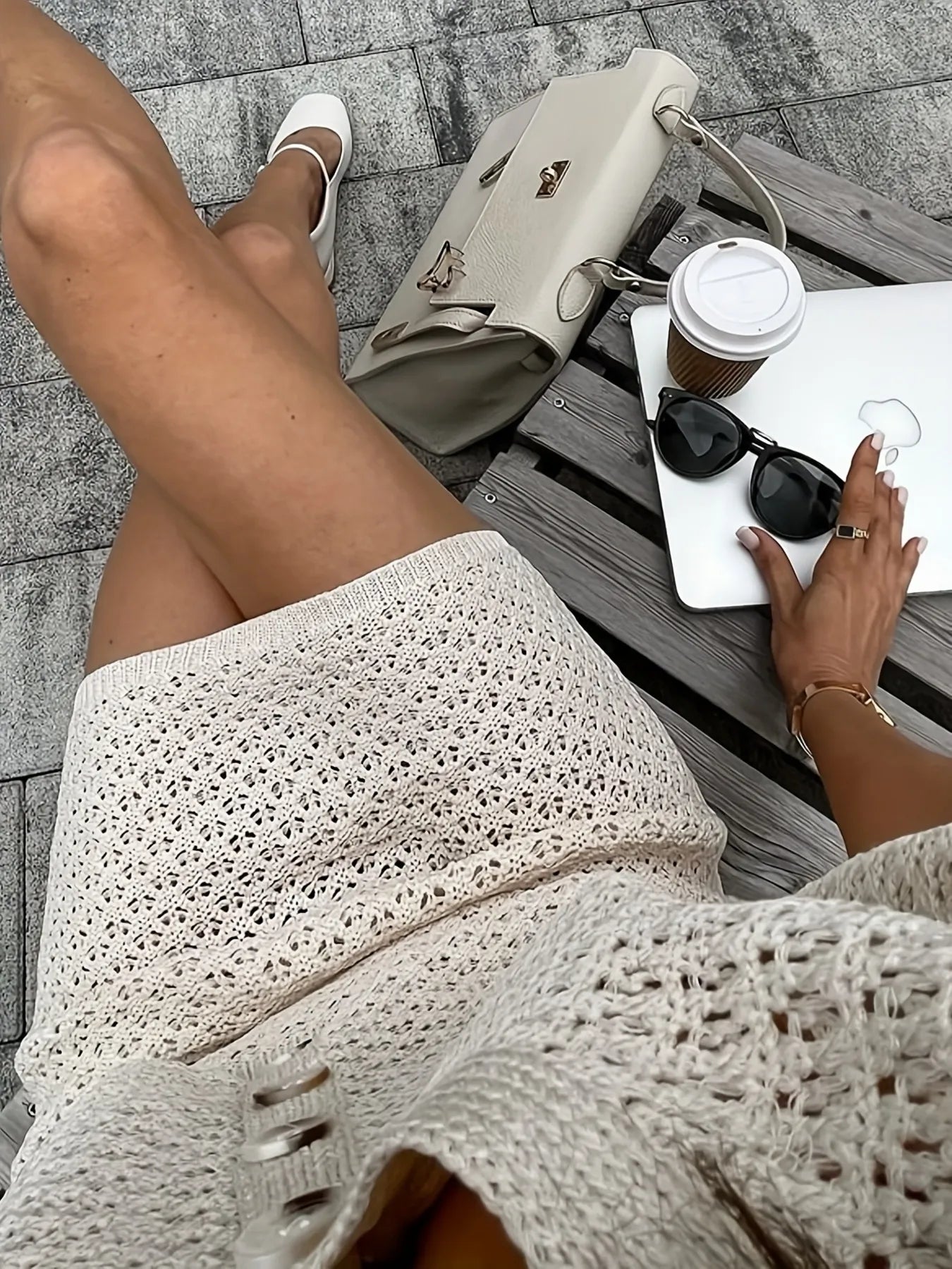 Openwork Button Up Top and Skirt Sweater Set - Fashorio