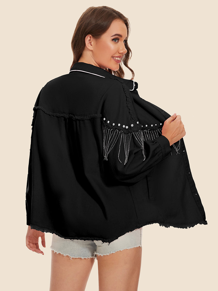 Raw Hem Fringe Detail Denim Jacket - Fashorio