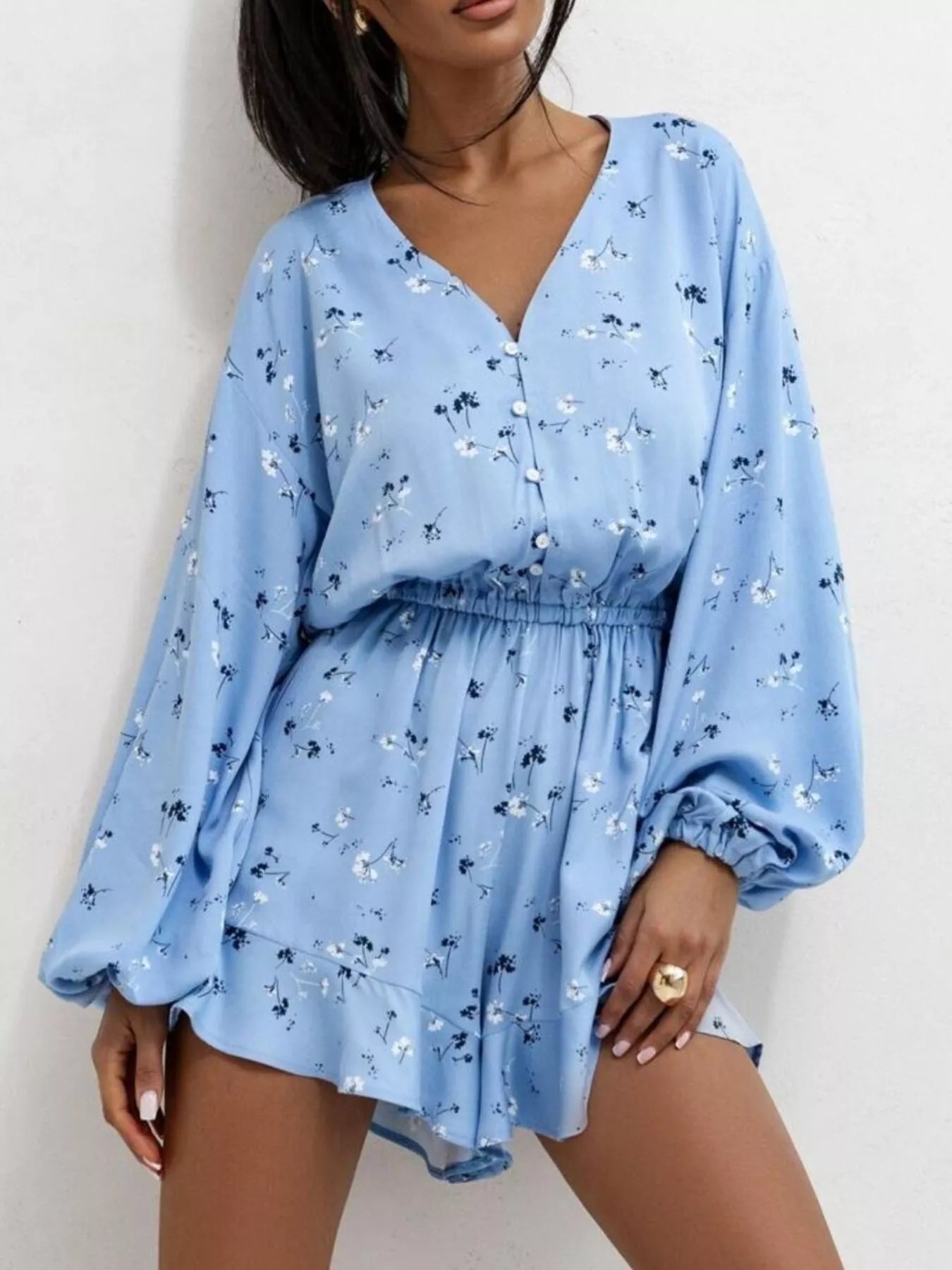 Floral V-Neck Long Sleeve Romper with Elastic Waist - Fashorio