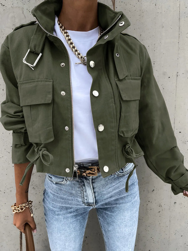 Women’s Snap Down Long Sleeve Jacket with Pockets Army green - Fashorio
