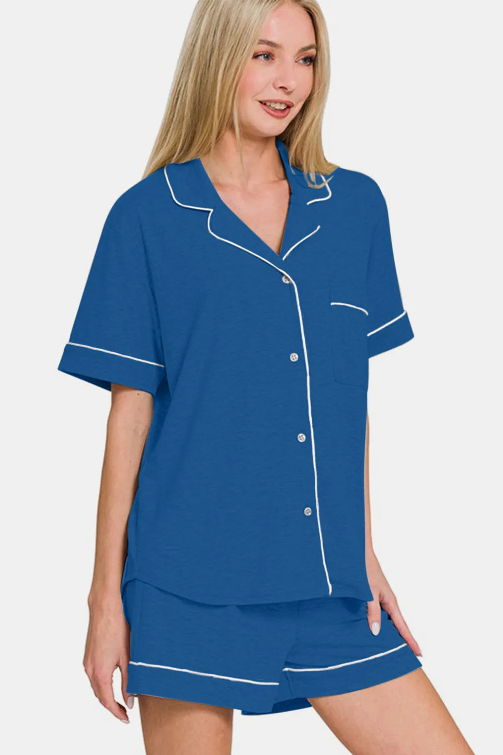 Zenana Button Down Short Sleeve Top and Shorts Lounge Set - Fashorio