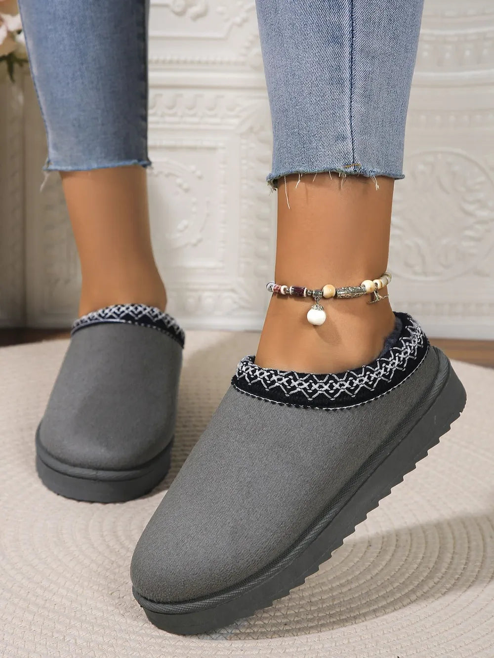 Round Toe Platform Slippers Dark Gray - Fashorio