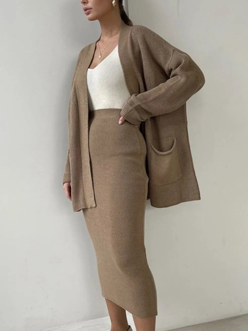 Pocketed Long Sleeve Cardigan and Skirt Sweater Set - Fashorio