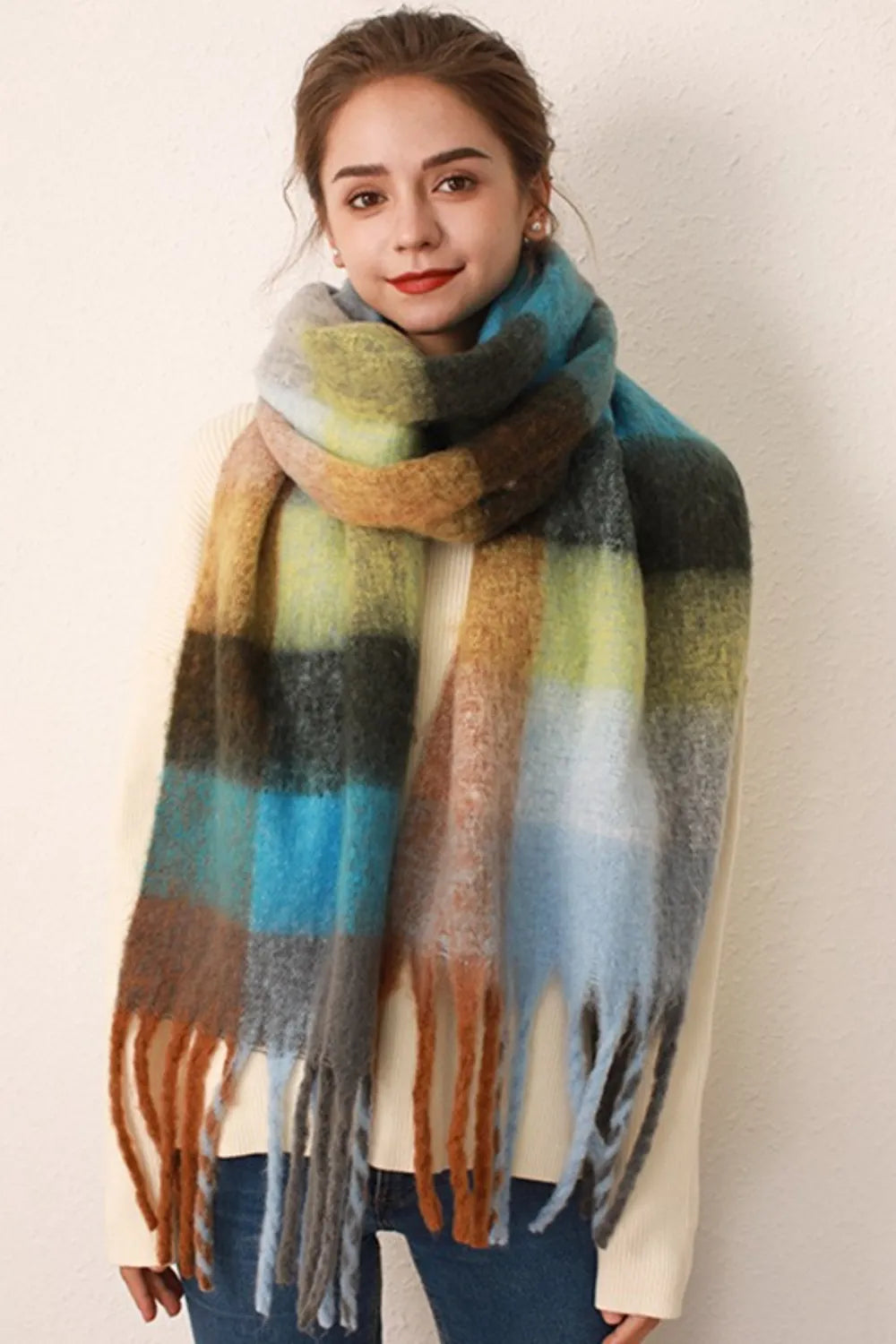 Thermal Fringe Contrast Plaid Scarf Gray Blue grid One Size - Fashorio
