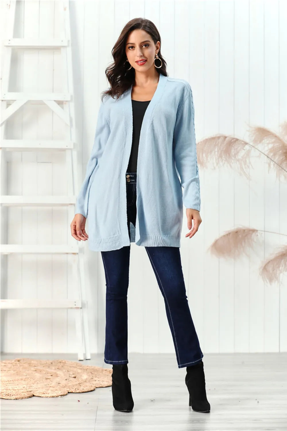Cable-Knit Open Front Long Sleeve Cardigan - Fashorio
