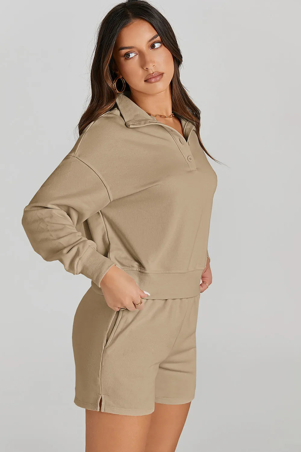 Half Button Sweatshirt and Shorts Active Set - Fashorio