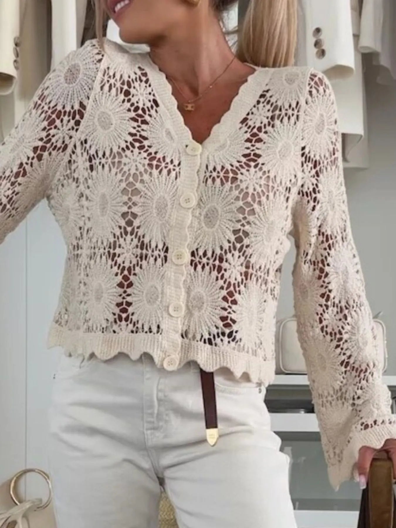 Lace V-Neck Button-Up Cardigan - Fashorio