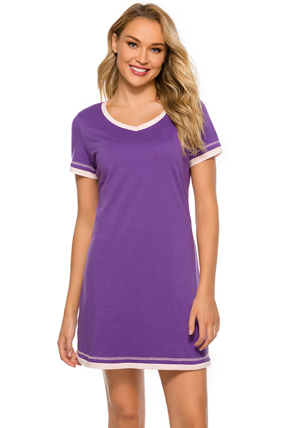 Contrast Trim Short Sleeve Lounge Dress - Fashorio