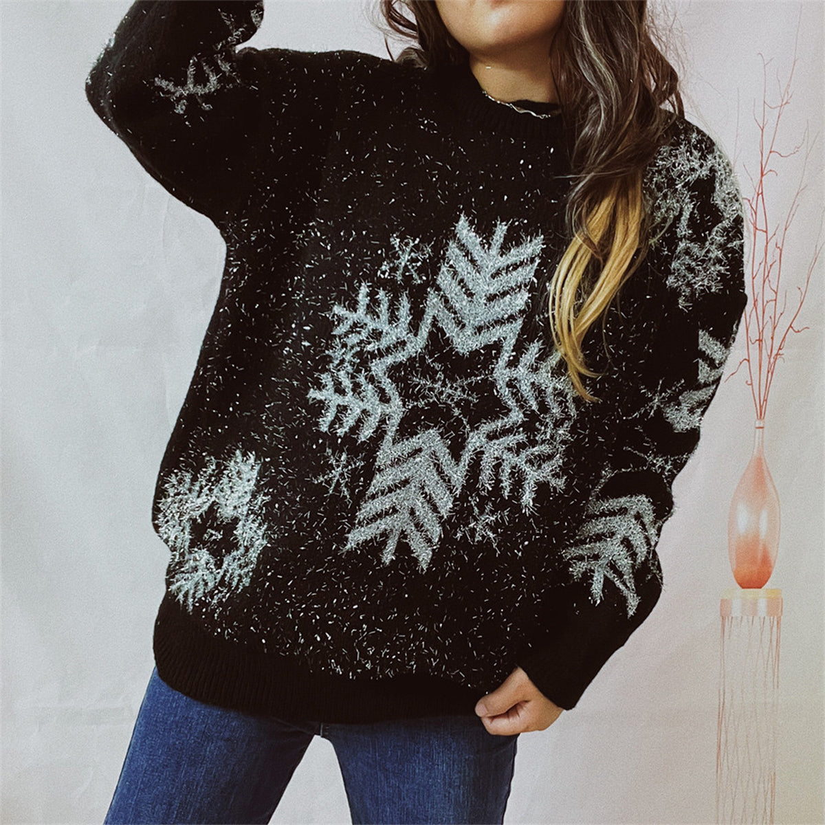 Snowflake Pattern Long Sleeve Sweater - Fashorio