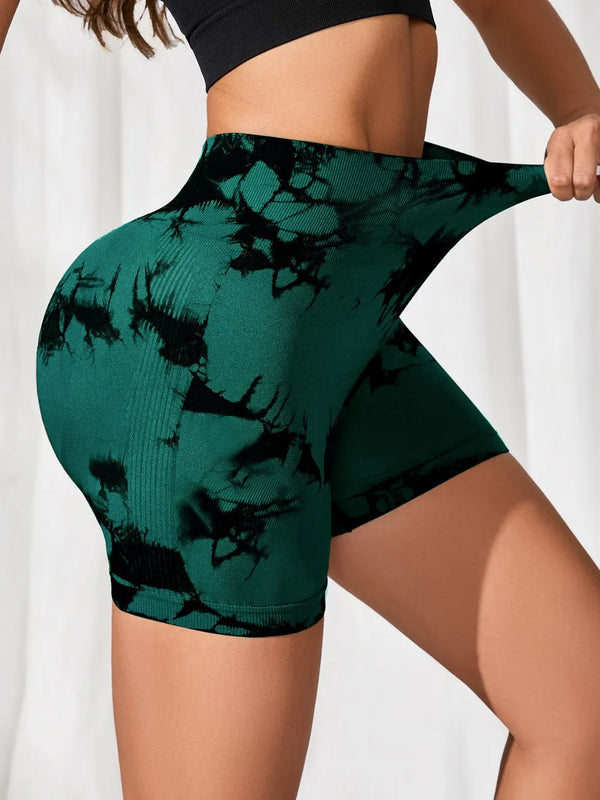 Tie-Dye High Waist Active Shorts Dark Green - Fashorio