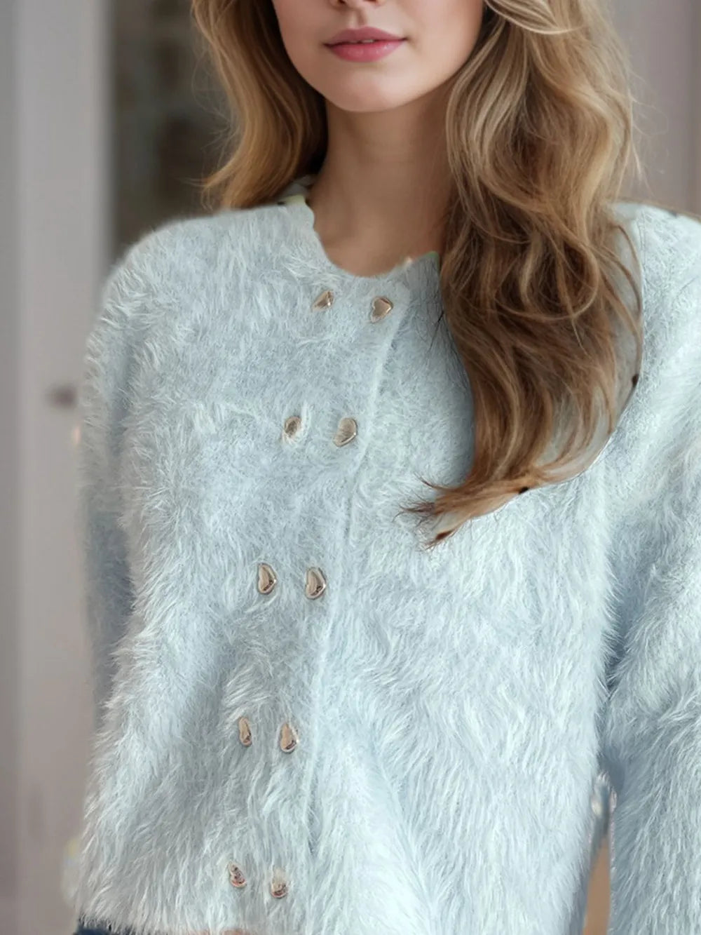 Heart Button Round Neck Cardigan - Fashorio