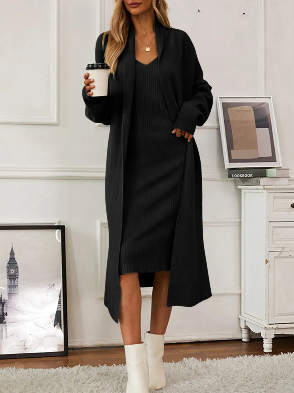 V-Neck Cami Dress and Open Front Cardigan Sweater Set Black One Size - Fashorio