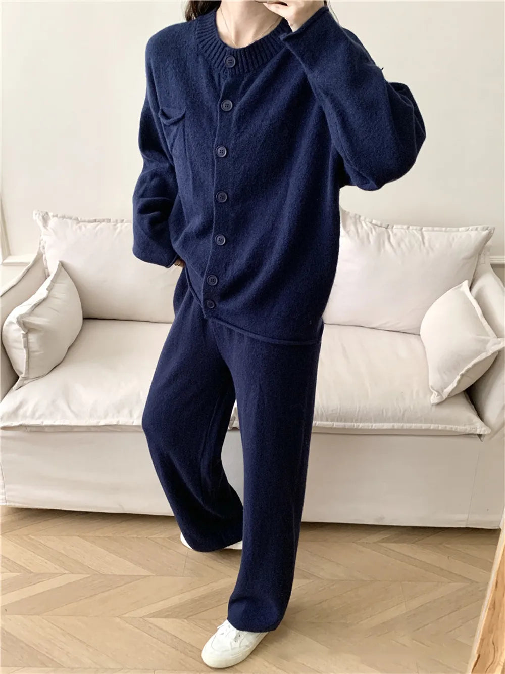 Pocketed Round Neck Button Up Cardigan and Pants Sweater Set - Fashorio