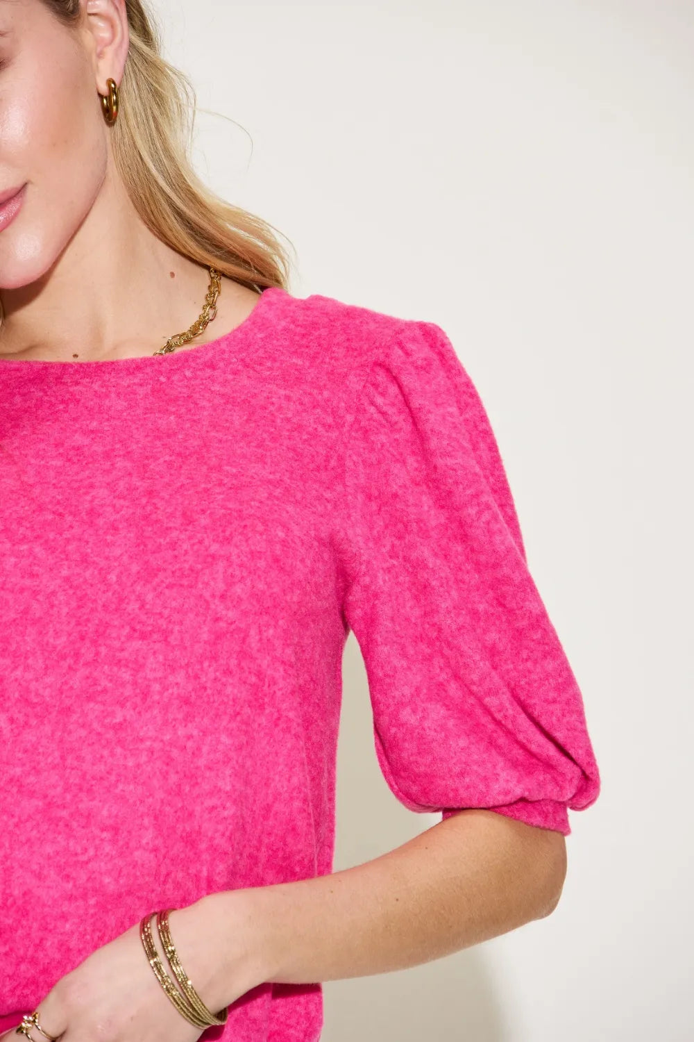 Zenana Round Neck Lantern Half Sleeve Sweater - Fashorio