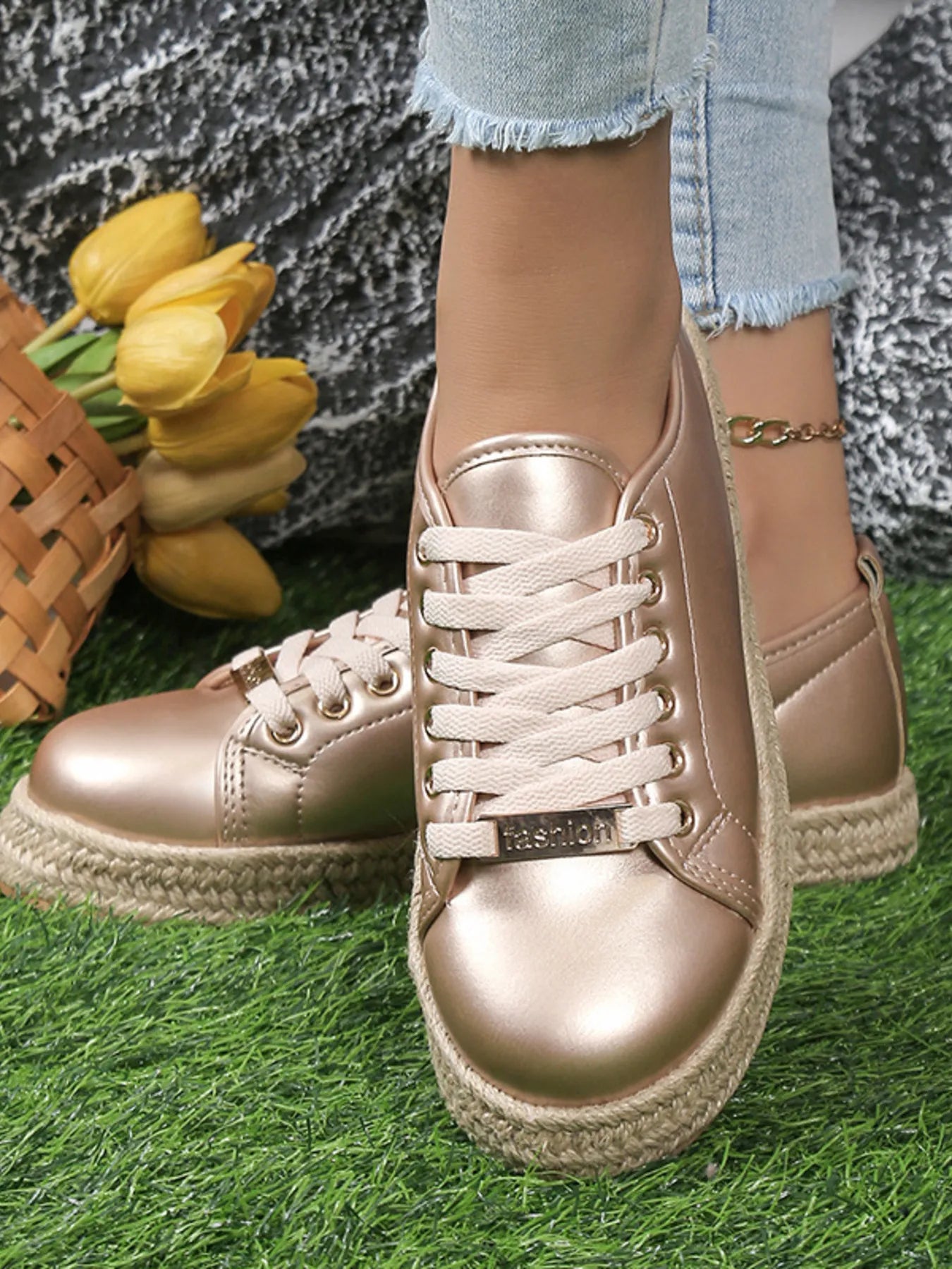Round Toe Platform Sneakers Champagne - Fashorio