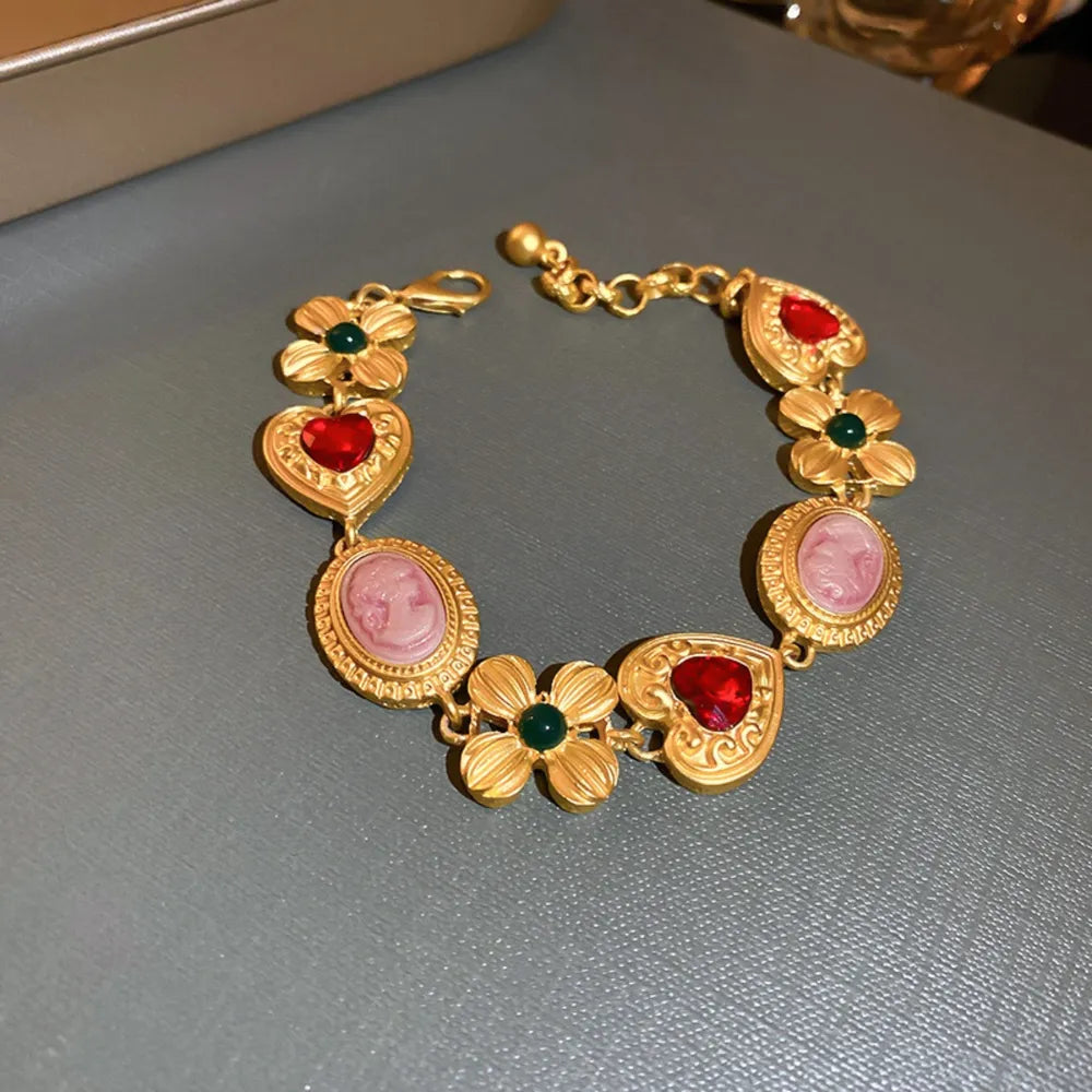 Copper Inlaid Rhinestone Vintage Bracelet Gold One Size - Fashorio