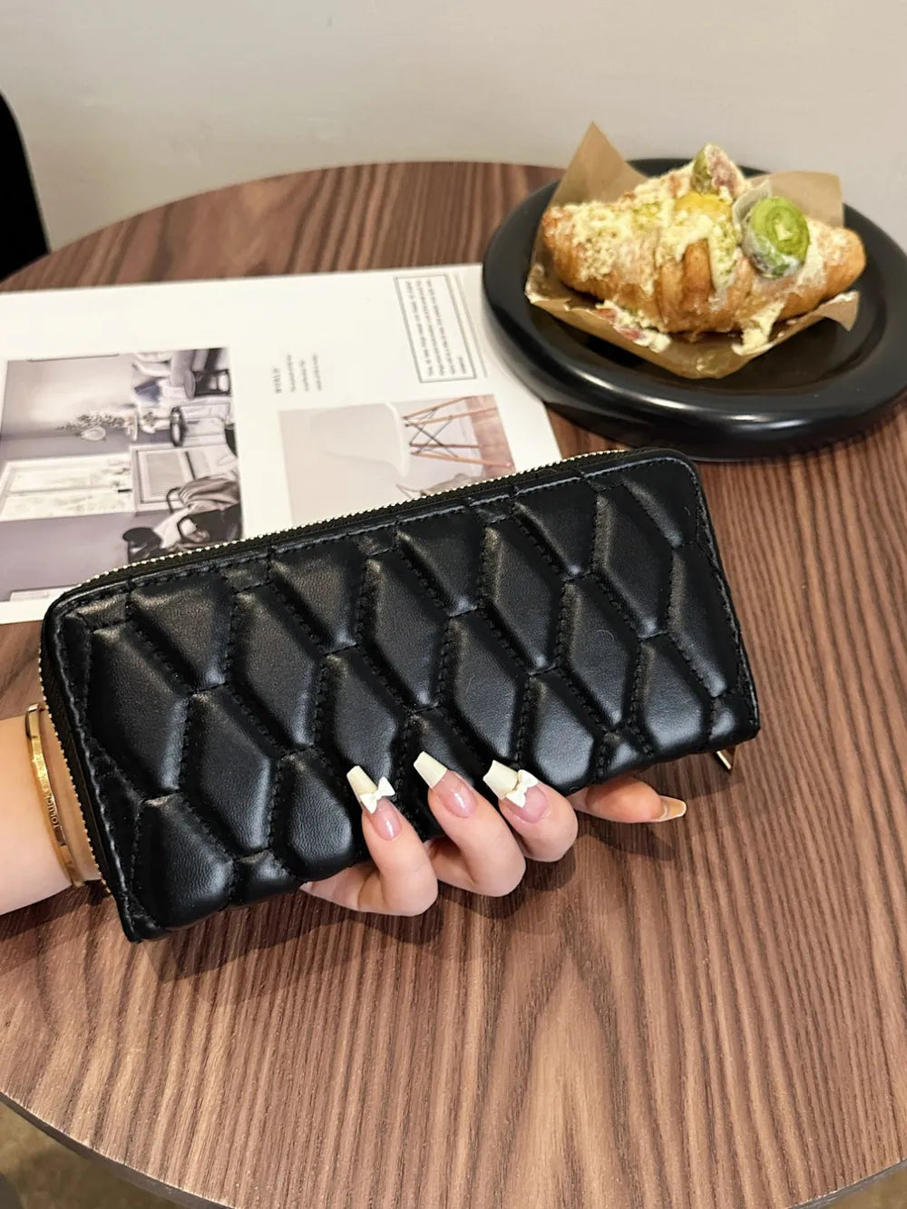 PU Leather Solid Color Wallet Black Hexagon One Size - Fashorio