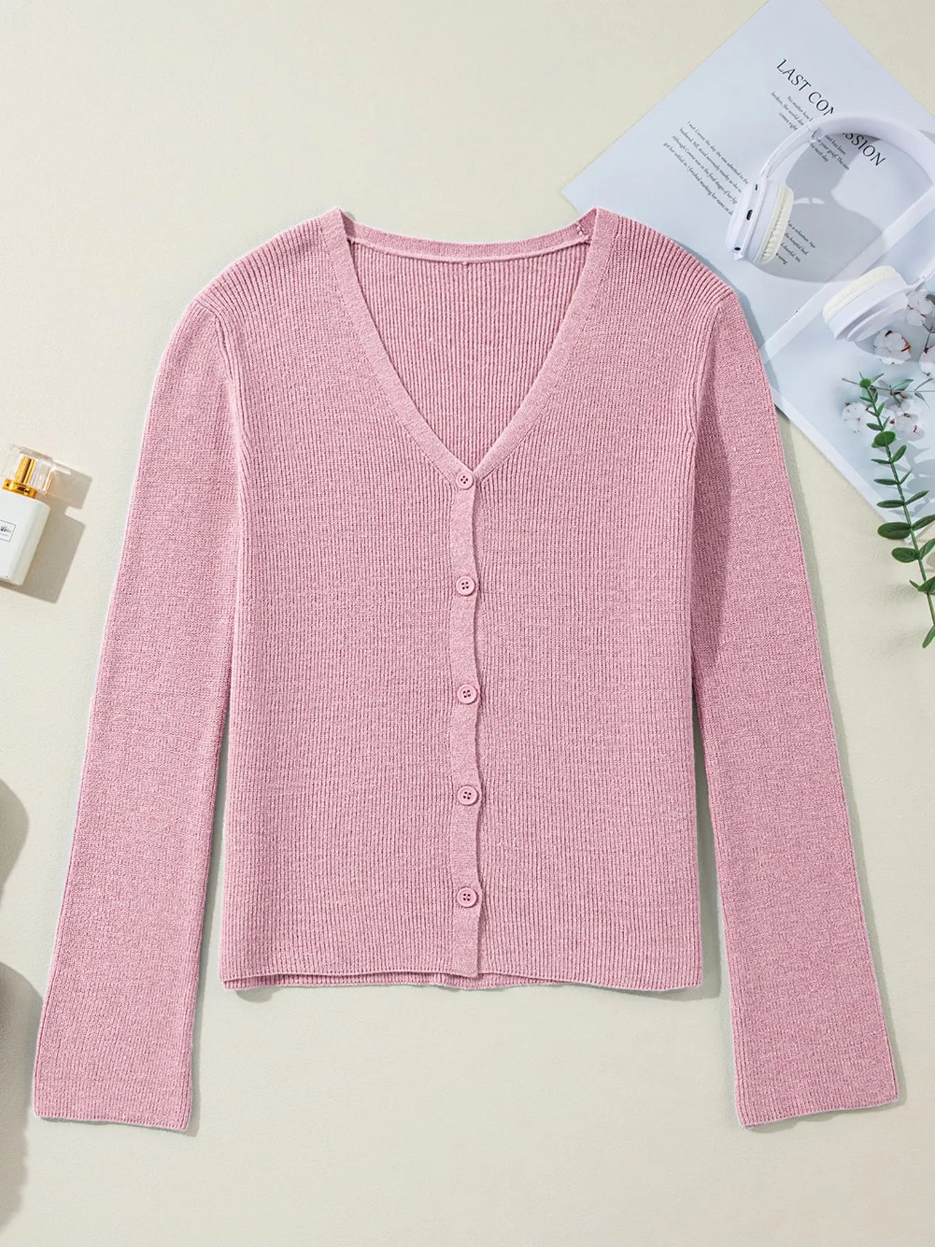 Ribbed Knit Button Front V Neck Cardigan - Fashorio