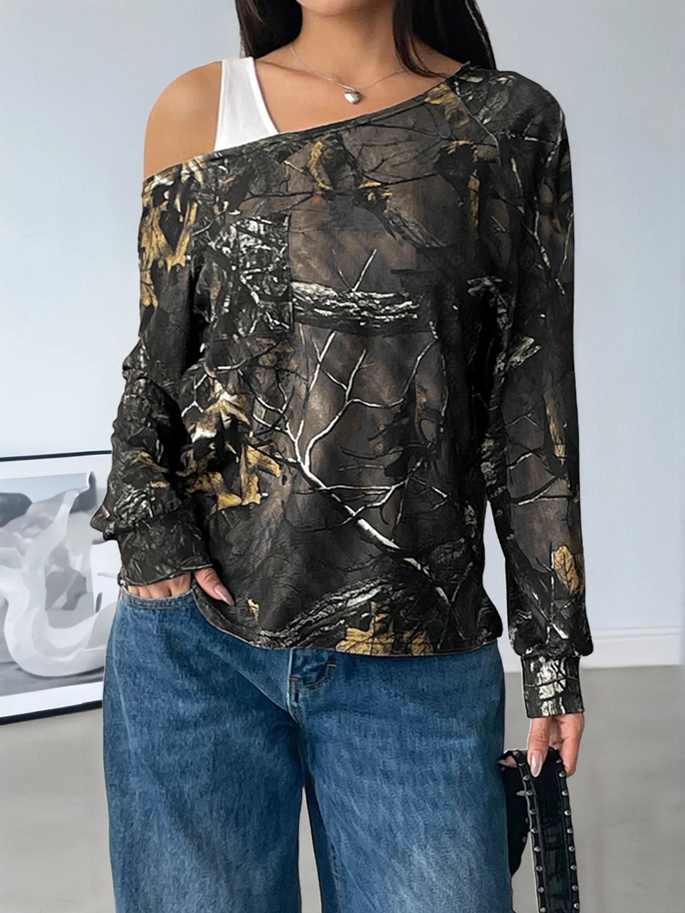 Asymmetrical Neck Printed Long Sleeve Top - Fashorio