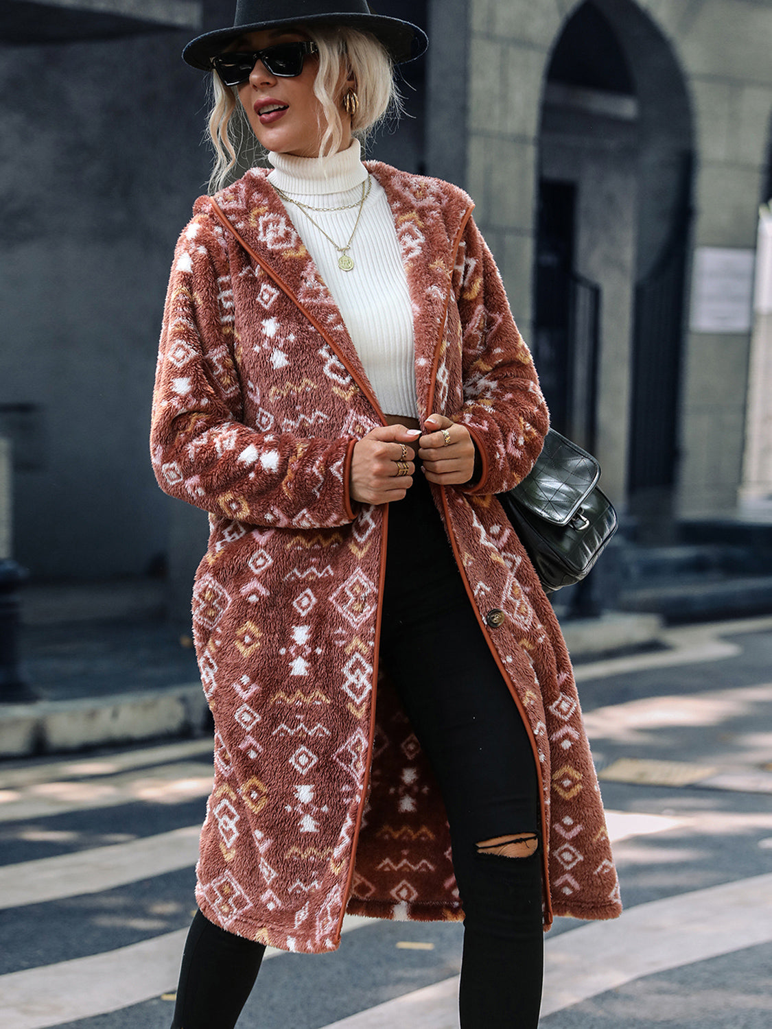 Geometric Button Down Hooded Fleece Coat - Fashorio
