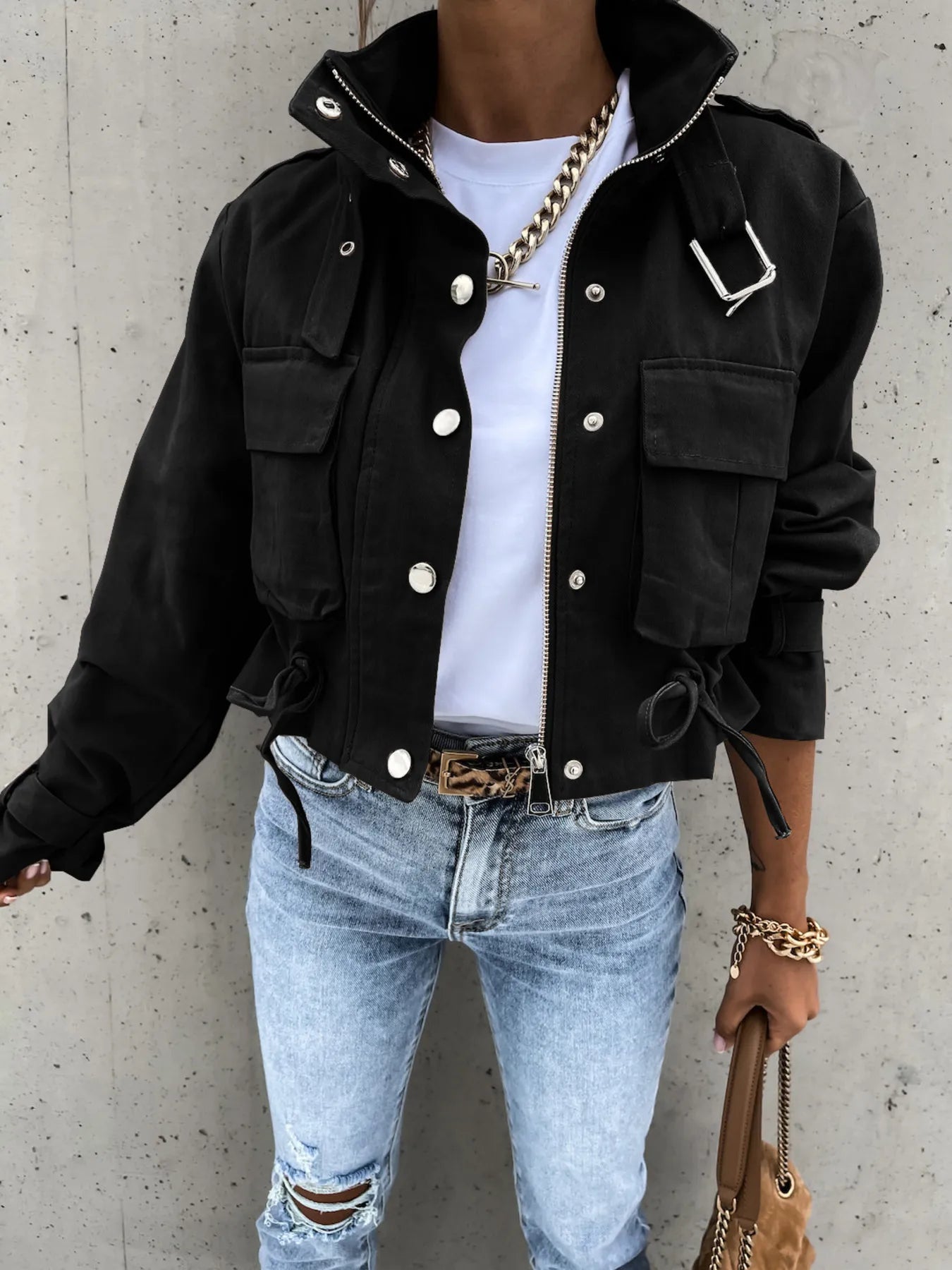 Women’s Snap Down Long Sleeve Jacket with Pockets - Fashorio