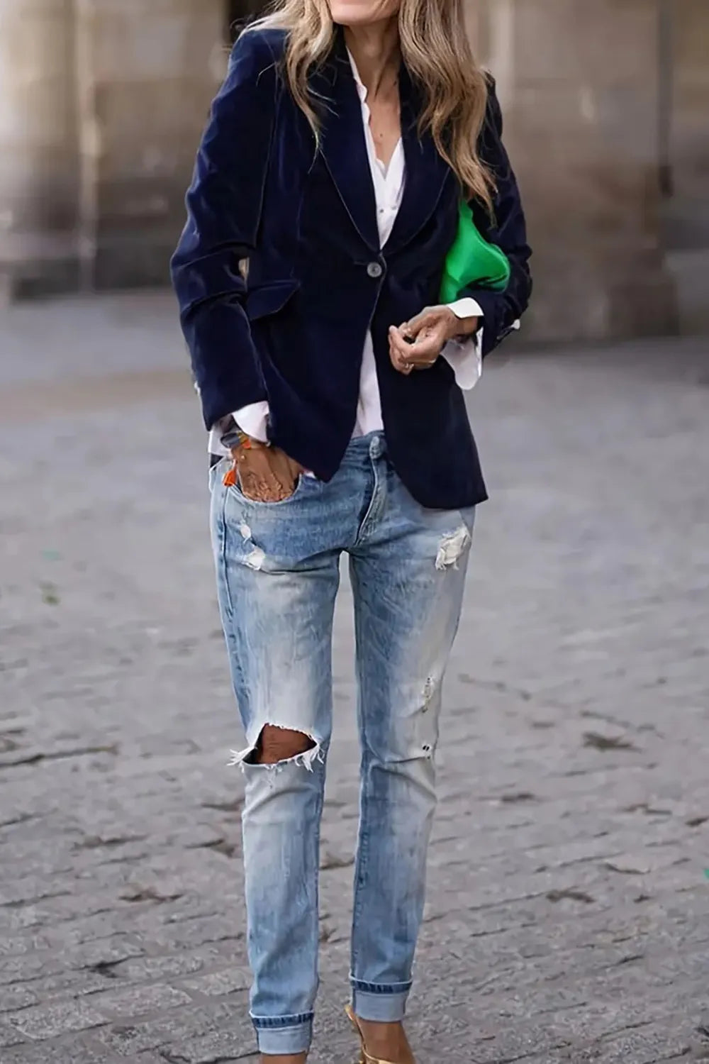 One Button Lapel Collar Long Sleeve Blazer - Fashorio