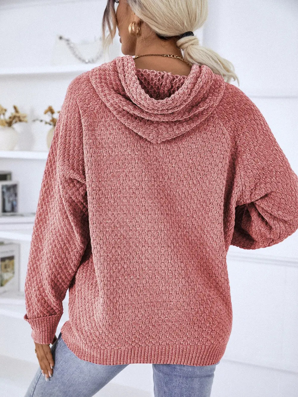 Texture Drawstring Long Sleeve Hooded Sweater - Fashorio