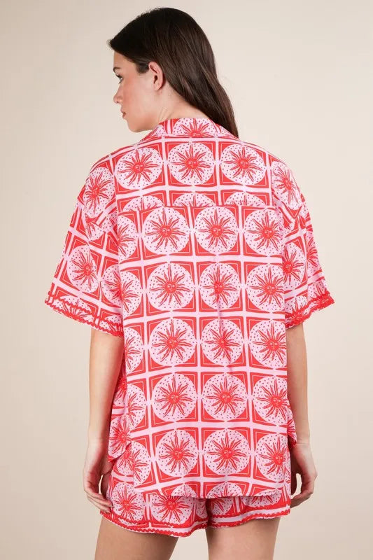 VERY J Full Size Tropical Printed Shirt Top and Shorts Set Plus Size - Fashorio
