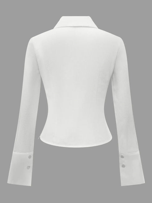 Ruched Striped Collared Neck Long Sleeve Shirt - Fashorio