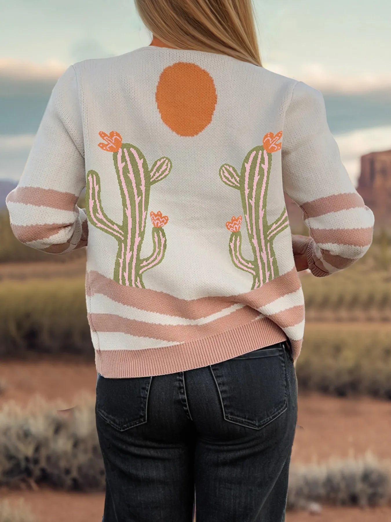Desert Cactus Buttoned Front Sweater Cardigan - Fashorio