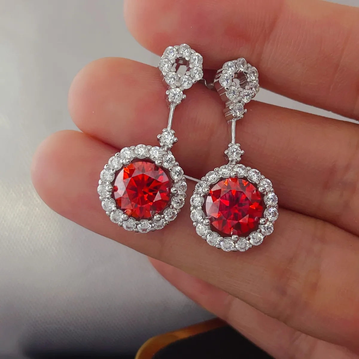 4 Carat Ruby Red Crystal Drop Earrings with Rhinestone Halo - Fashorio
