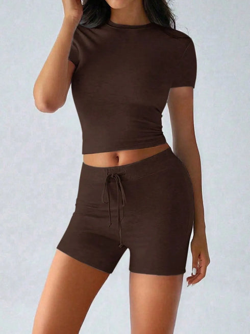Round Neck Short Sleeve Top and Shorts Set - Fashorio