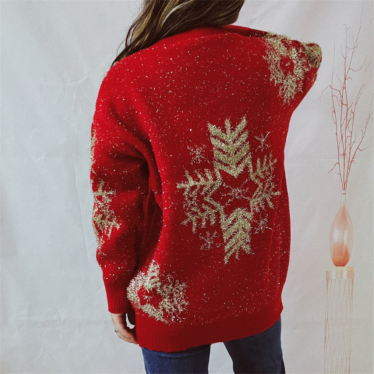Snowflake Pattern Long Sleeve Sweater - Fashorio