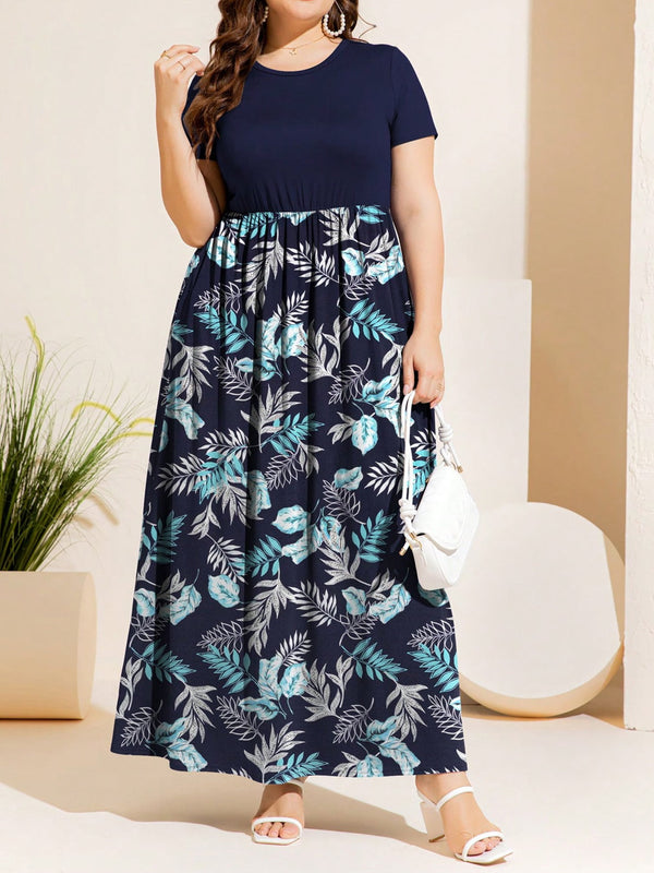 Plus Size Printed Round Neck Short Sleeve Maxi Dress Leaf - Fashorio