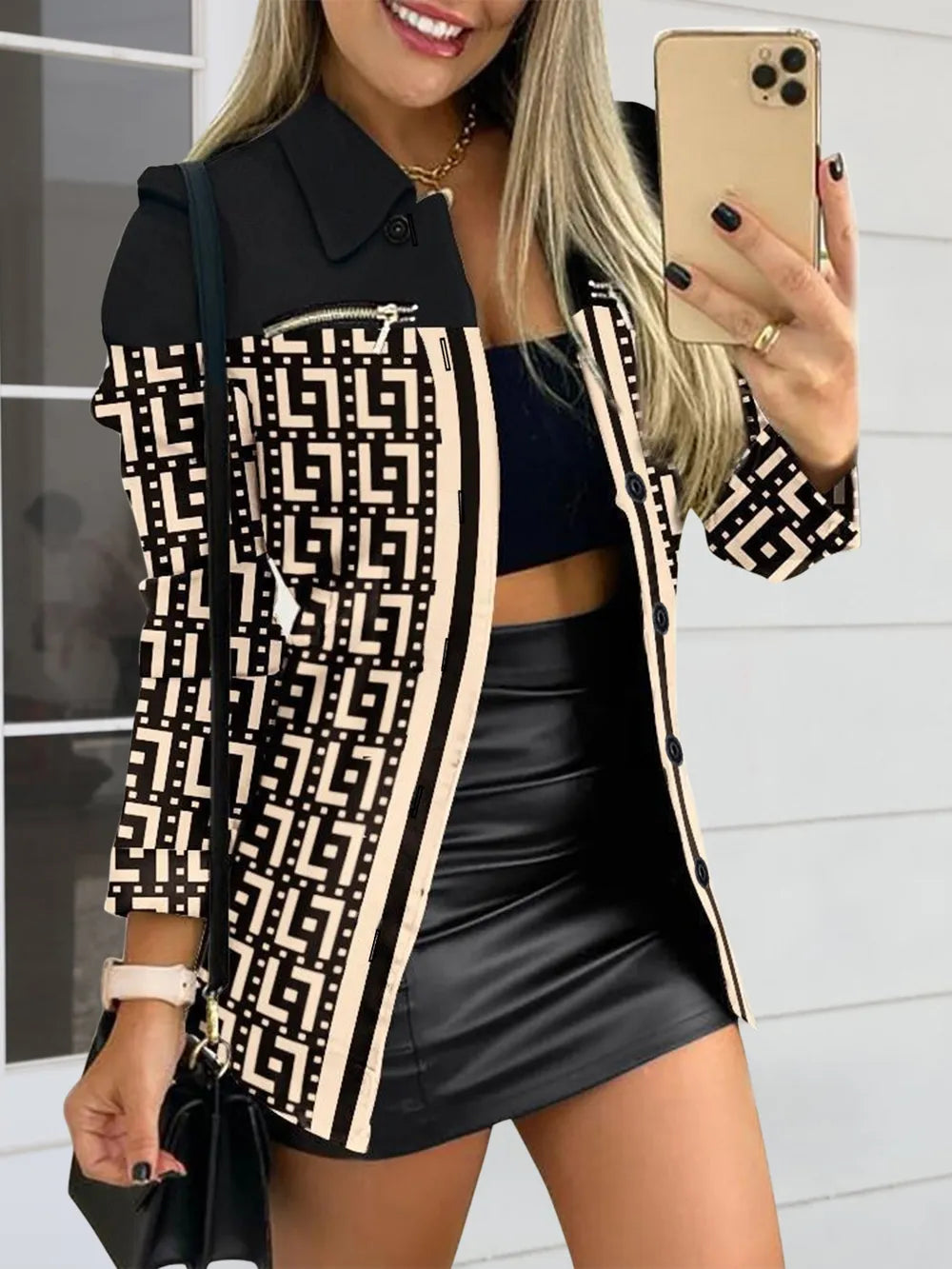 Printed Button Up Zip Detail Shacket Khaki - Fashorio