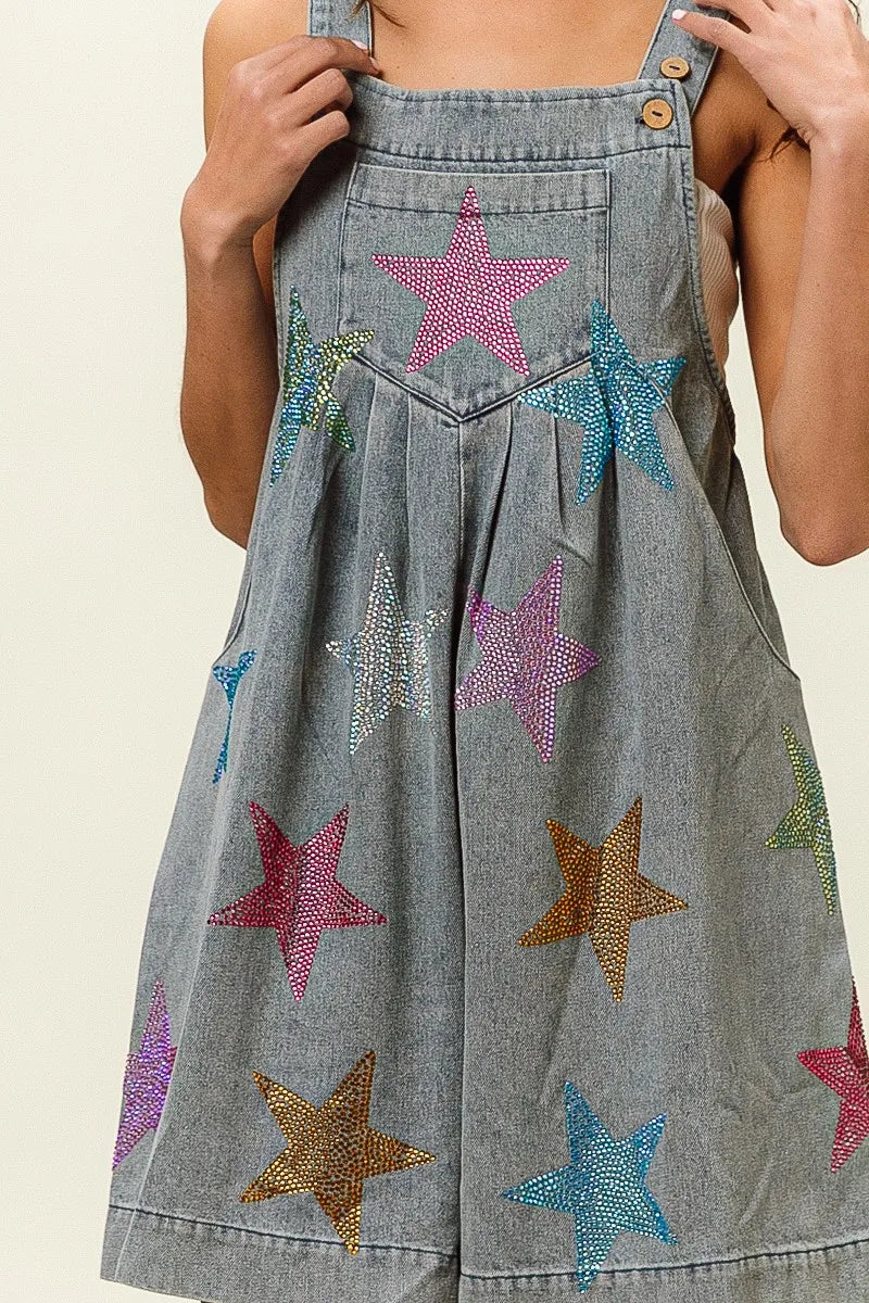 BiBi Star Rhinestone Washed Wide Leg Shortalls - Fashorio