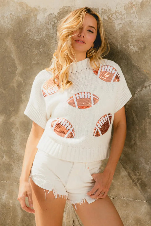 BiBi Gameday Sequin Football Patches Rib Banded Sweater IVORY - Fashorio