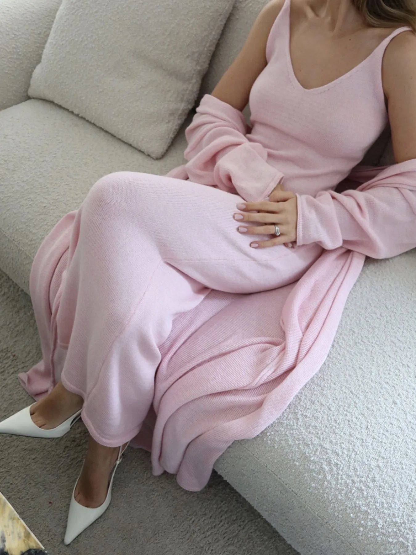 V-Neck Knit Dress and Cardigan Sweater Set Blush Pink - Fashorio