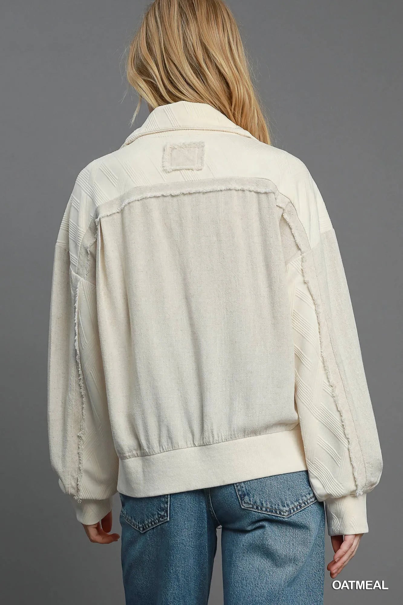 Women’s Jacquard Zip Up Jacket with Linen Blend - Fashorio