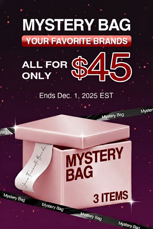 Promotional poster for a mystery bag offer with a pink box labeled 'Mystery Bag' on a dark background.