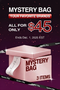 Promotional poster for a mystery bag offer with a pink box labeled 'Mystery Bag' on a dark background.