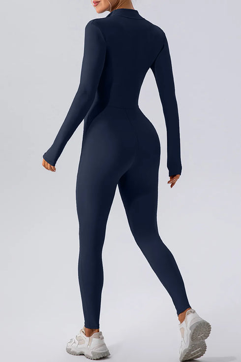 Half Zip Mock Neck Active Jumpsuit - Fashorio