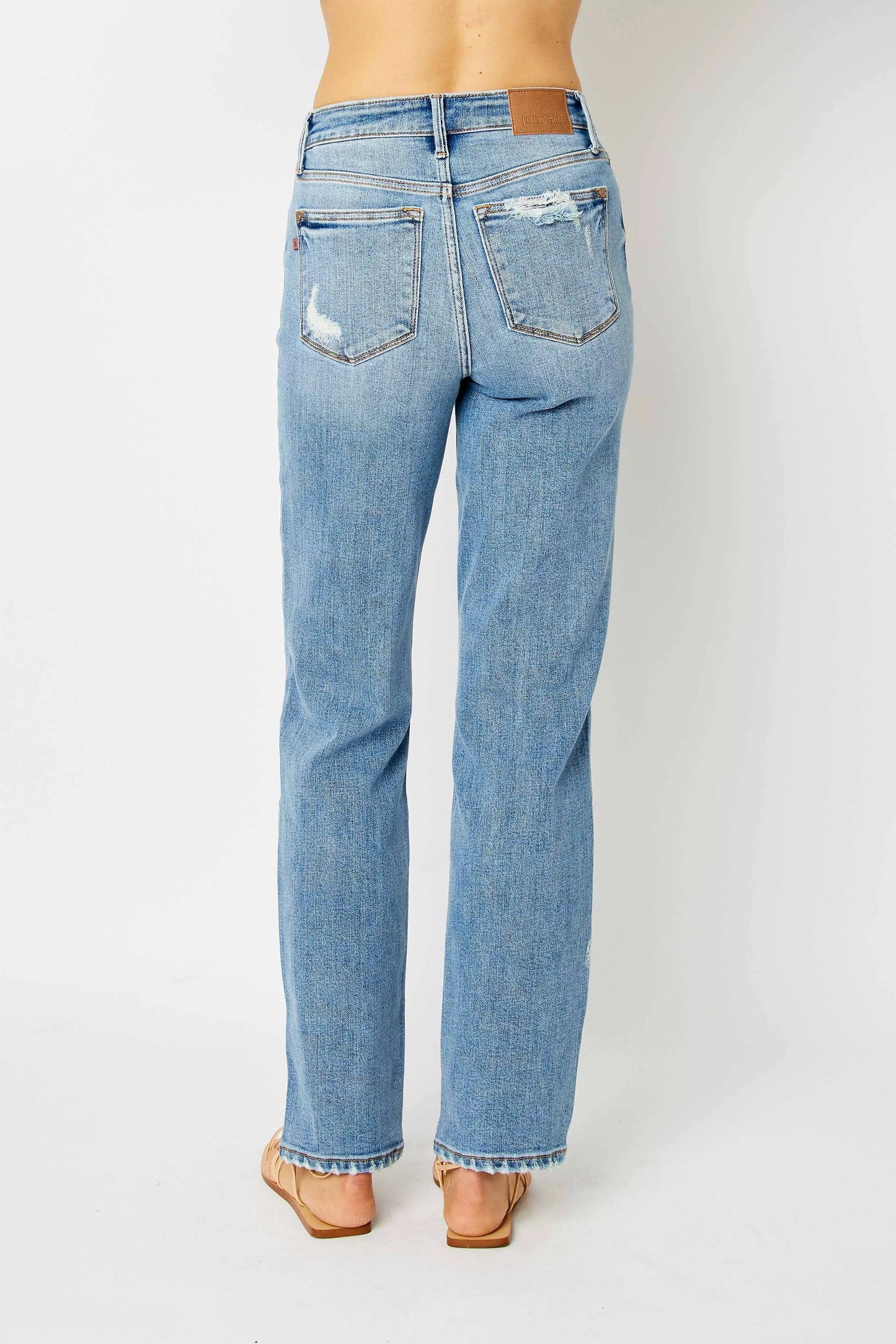 Plus Size High Waist Straight Jeans – Distressed Raw Hem Denim - Fashorio