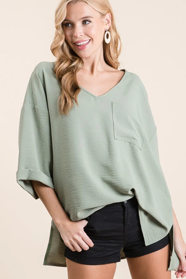 BiBi Flowy Woven V-Neck Top with Rolled Up Cuffs SAGE - Fashorio