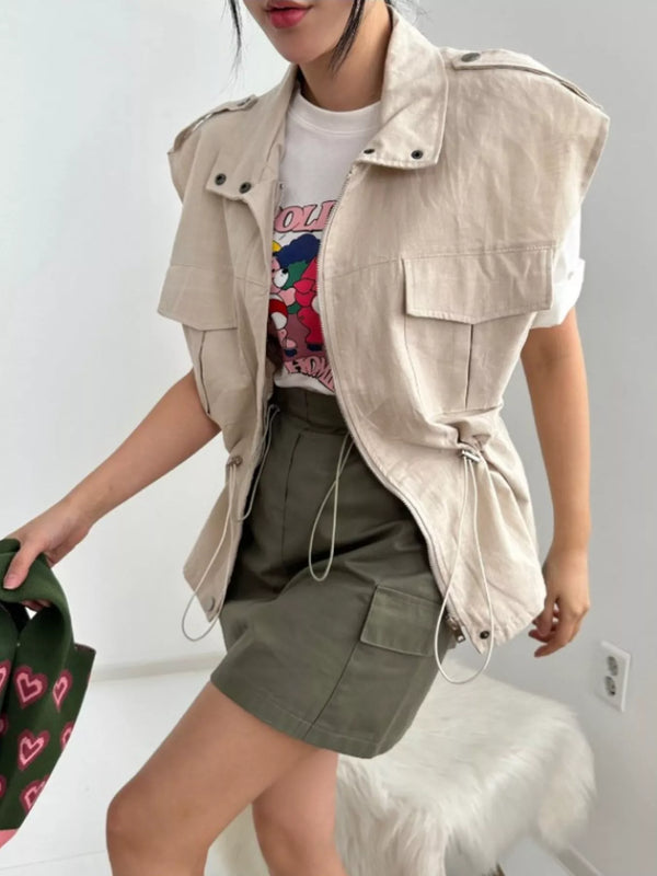 Drawstring Zip Up Vest Coat Khaki - Fashorio