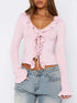 Ruffled Tie Front Flare Sleeve Shirt Pink - Fashorio